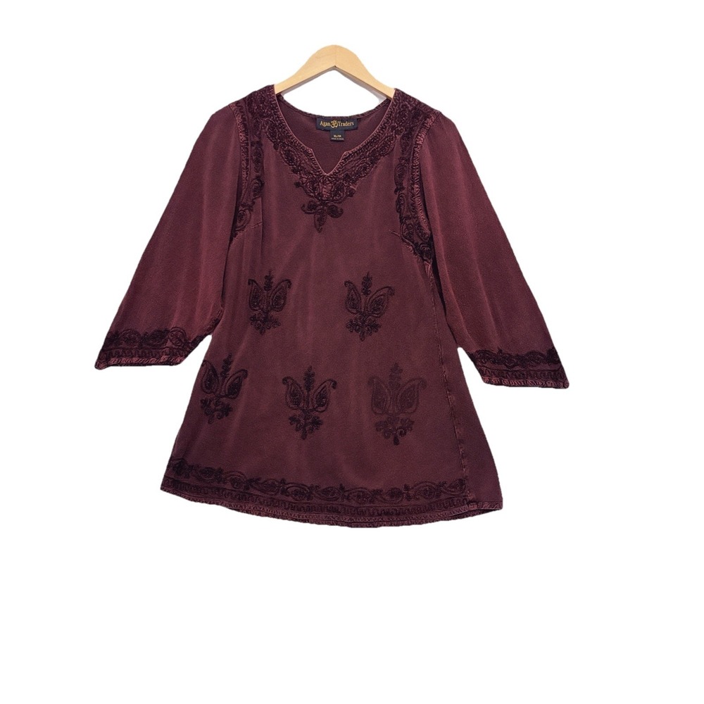 Agan Traders Women's Tunic Top Sz XL/1X‎ Embroidered Burgundy  Boho Renaissance